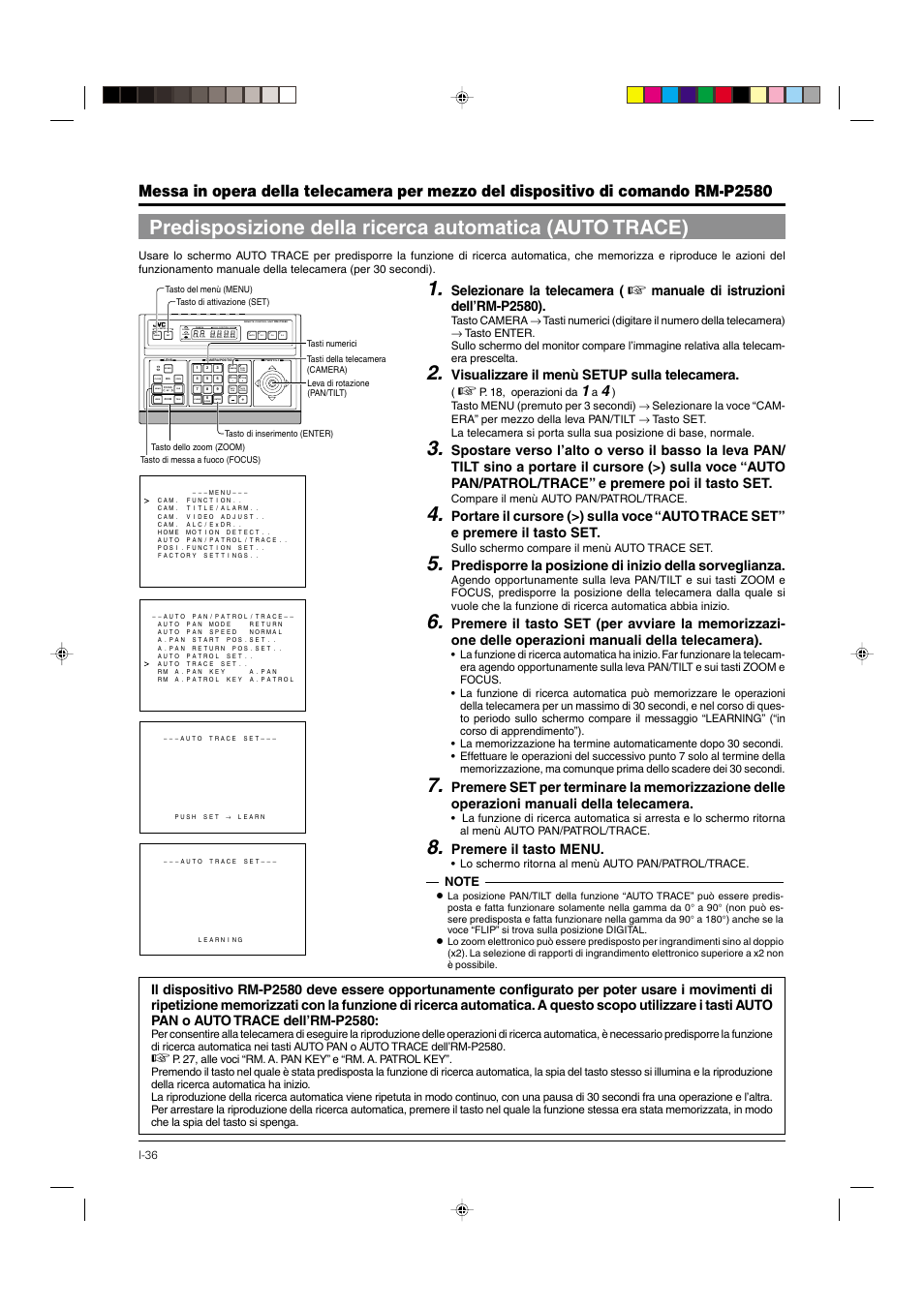 P. 36, Selezionare la telecamera, Manuale di istruzioni dell’rm-p2580) | Visualizzare il menù setup sulla telecamera, Premere il tasto menu, Setup menu set speed, Open far tele clear /home, Camera position remote control unit, Alarm power key lock | JVC DOME TYPE CAMERA TK-C676 User Manual | Page 208 / 216