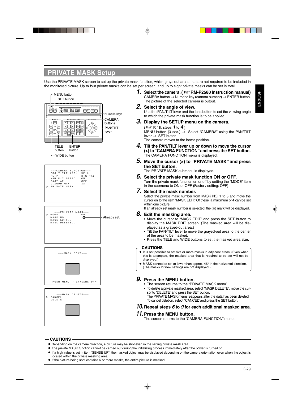 Private mask setup, P.29, Select the camera | Rm-p2580 instruction manual), Select the angle of view, Display the setup menu on the camera, Select the private mask function on or off, Select the mask number, Edit the masking area, Press the menu button | JVC DOME TYPE CAMERA TK-C676 User Manual | Page 29 / 216