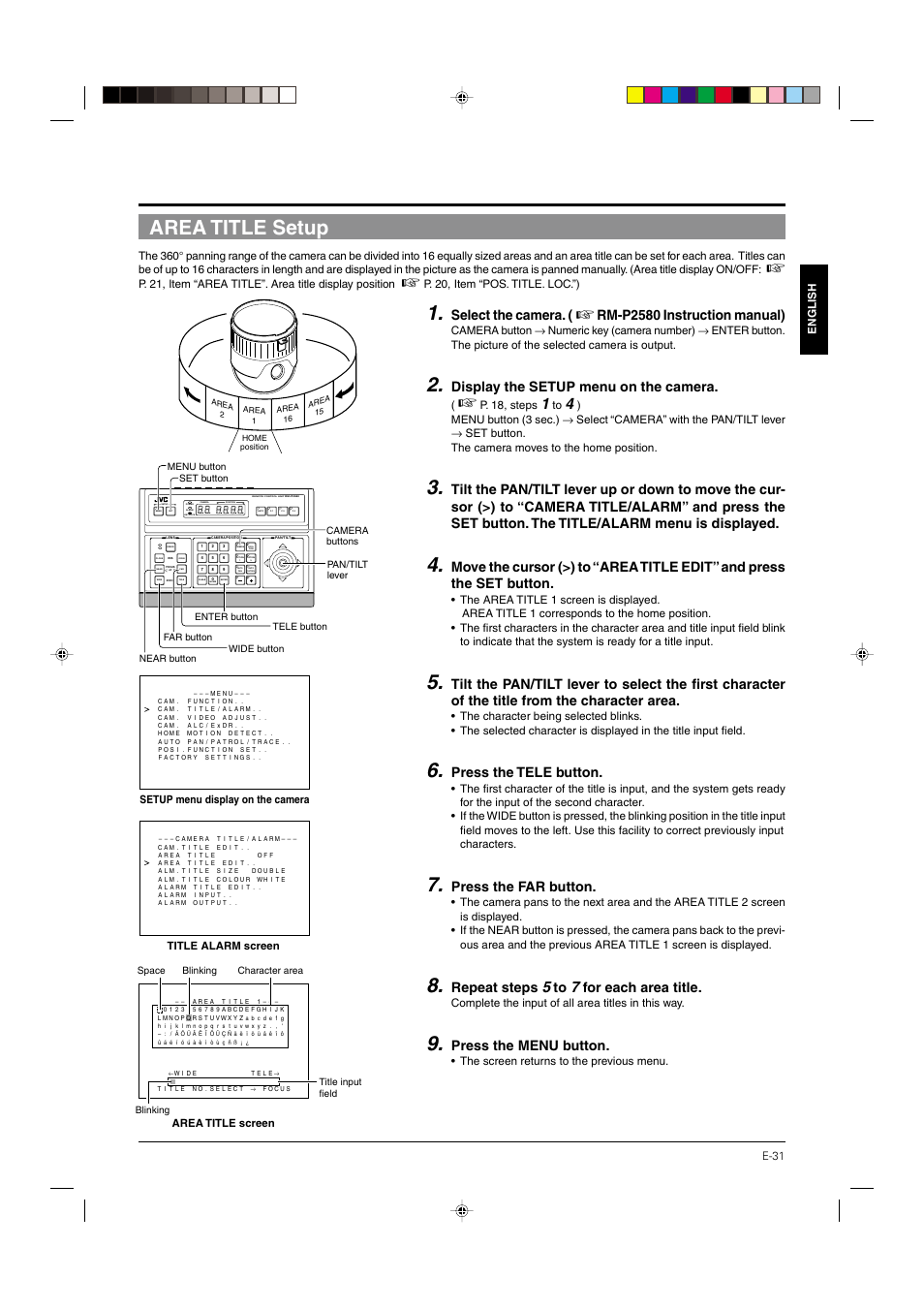 Area title setup, P. 31, Select the camera | Rm-p2580 instruction manual), Display the setup menu on the camera, Press the tele button, Press the far button, Repeat steps, For each area title, Press the menu button | JVC DOME TYPE CAMERA TK-C676 User Manual | Page 31 / 216