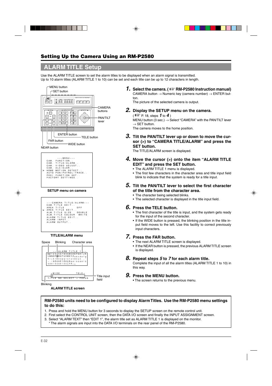 Alarm title setup, P. 32, Setting up the camera using an rm-p2580 | Select the camera, Rm-p2580 instruction manual), Display the setup menu on the camera, Press the tele button, Press the far button, Repeat steps, For each alarm title | JVC DOME TYPE CAMERA TK-C676 User Manual | Page 32 / 216