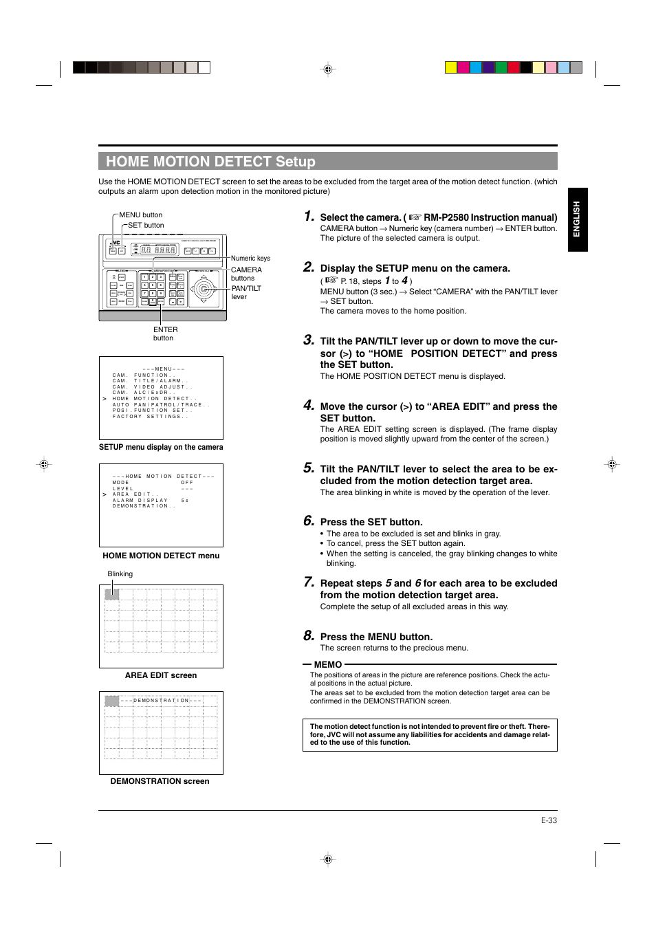 Home motion detect setup, Select the camera, Rm-p2580 instruction manual) | Display the setup menu on the camera, Press the set button, Repeat steps, Press the menu button | JVC DOME TYPE CAMERA TK-C676 User Manual | Page 33 / 216