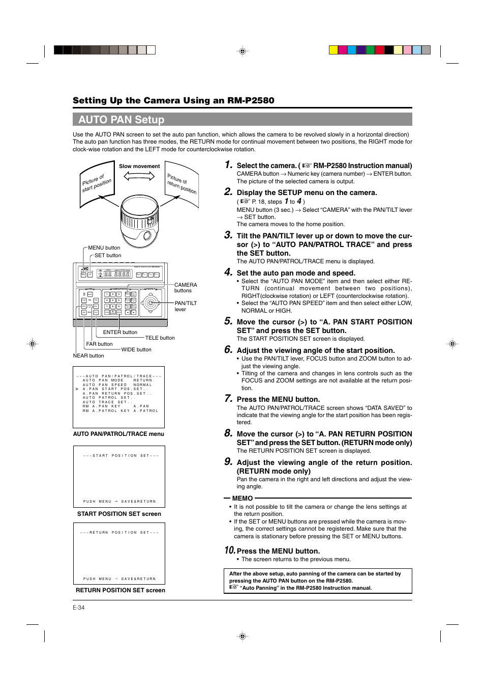 Auto pan setup, P. 34, Setting up the camera using an rm-p2580 | Select the camera, Rm-p2580 instruction manual), Display the setup menu on the camera, Set the auto pan mode and speed, Adjust the viewing angle of the start position, Press the menu button | JVC DOME TYPE CAMERA TK-C676 User Manual | Page 34 / 216