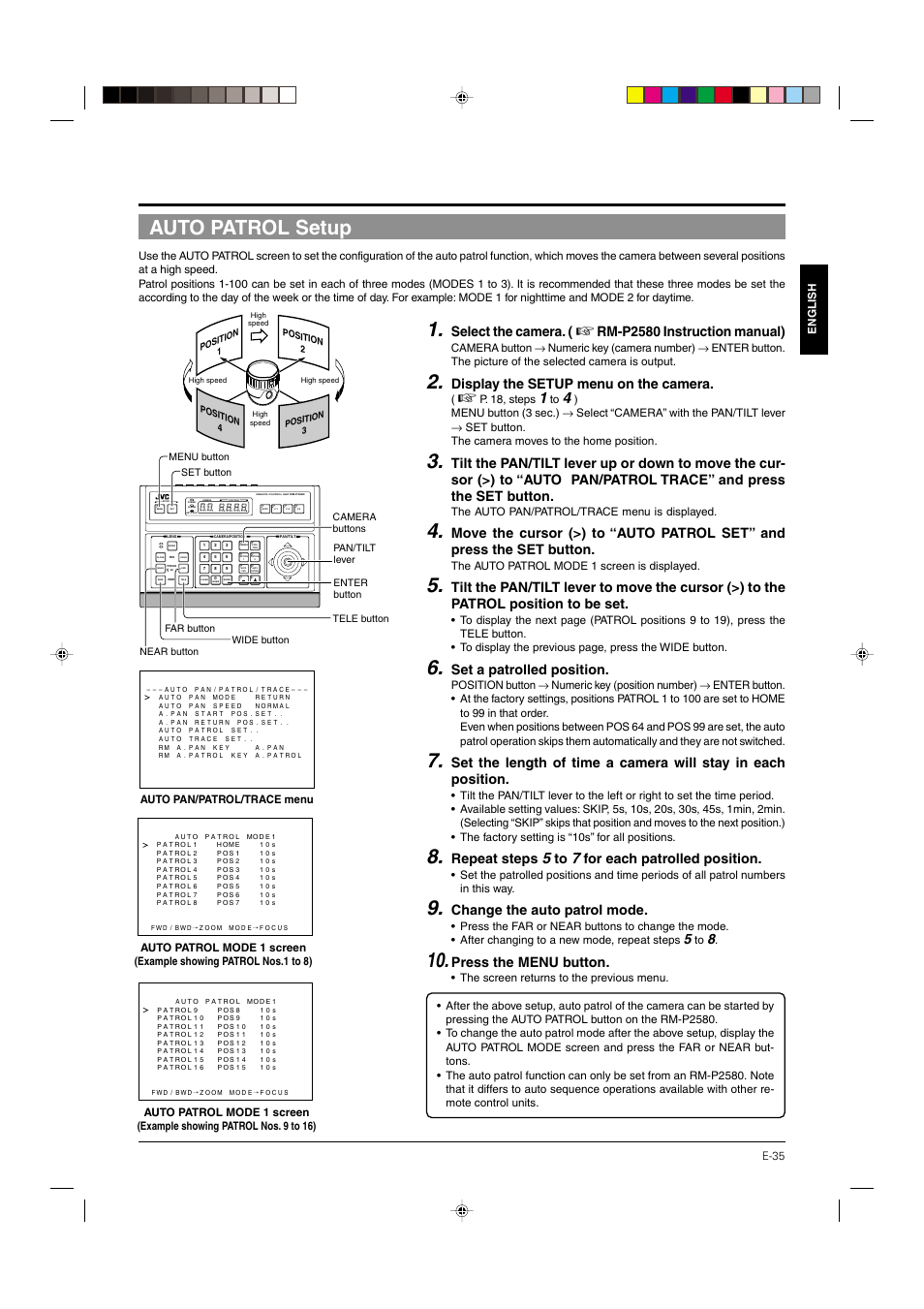 Auto patrol setup, P. 35, Select the camera | Rm-p2580 instruction manual), Display the setup menu on the camera, Set a patrolled position, Repeat steps, For each patrolled position, Change the auto patrol mode, Press the menu button | JVC DOME TYPE CAMERA TK-C676 User Manual | Page 35 / 216