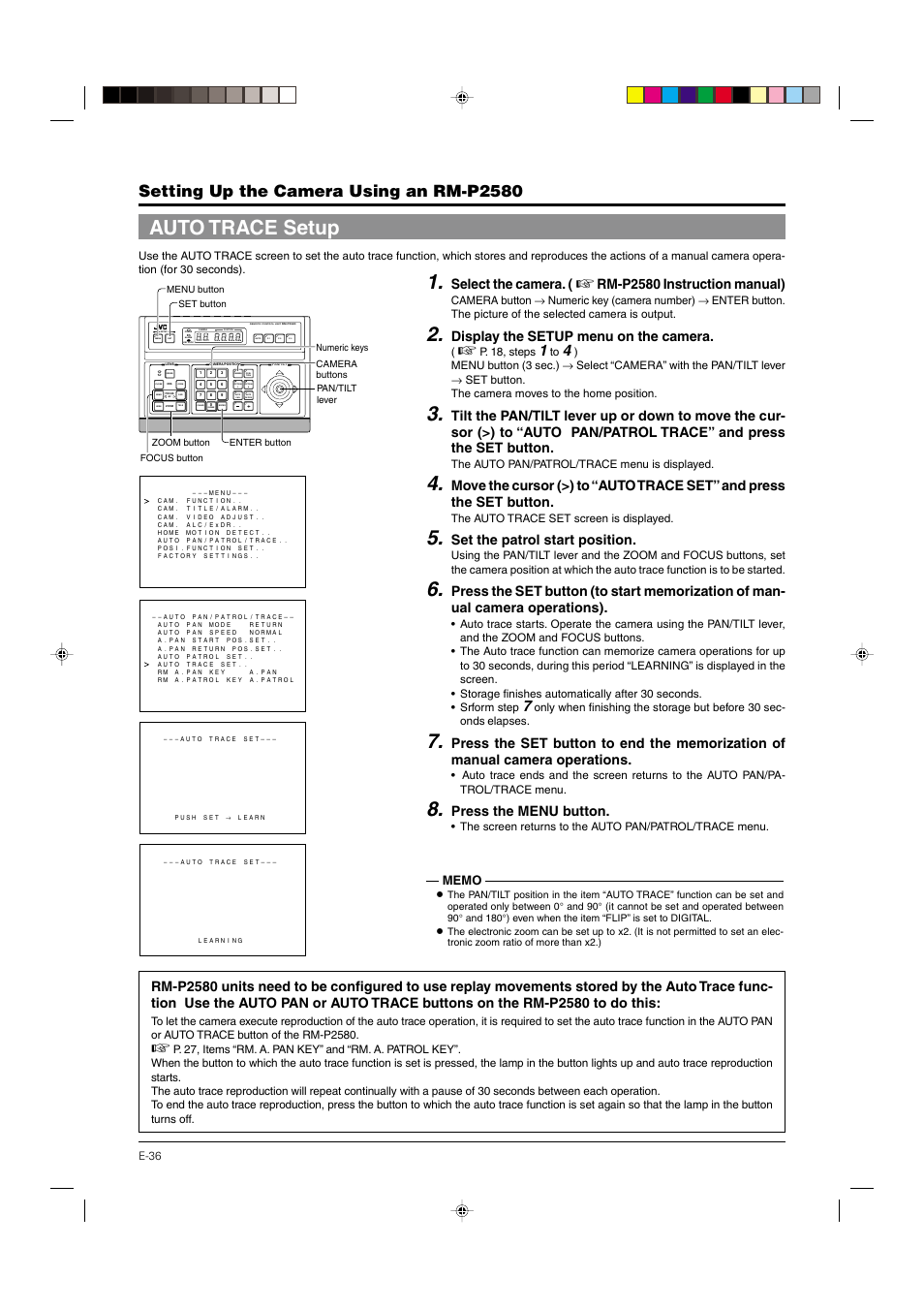 Auto trace setup, P. 36, Setting up the camera using an rm-p2580 | Select the camera, Rm-p2580 instruction manual), Display the setup menu on the camera, Set the patrol start position, Press the menu button | JVC DOME TYPE CAMERA TK-C676 User Manual | Page 36 / 216