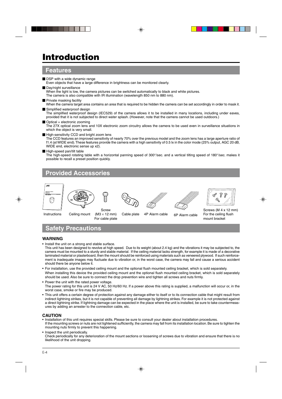 Introduction, Features, Provided accessories | Safety precautions, Provided accessories features | JVC DOME TYPE CAMERA TK-C676 User Manual | Page 4 / 216