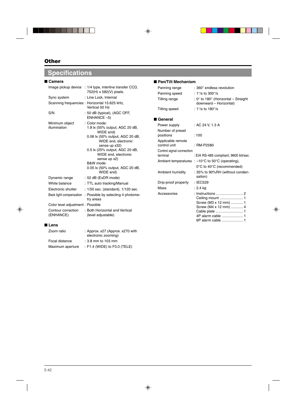 Specifications, Other | JVC DOME TYPE CAMERA TK-C676 User Manual | Page 42 / 216