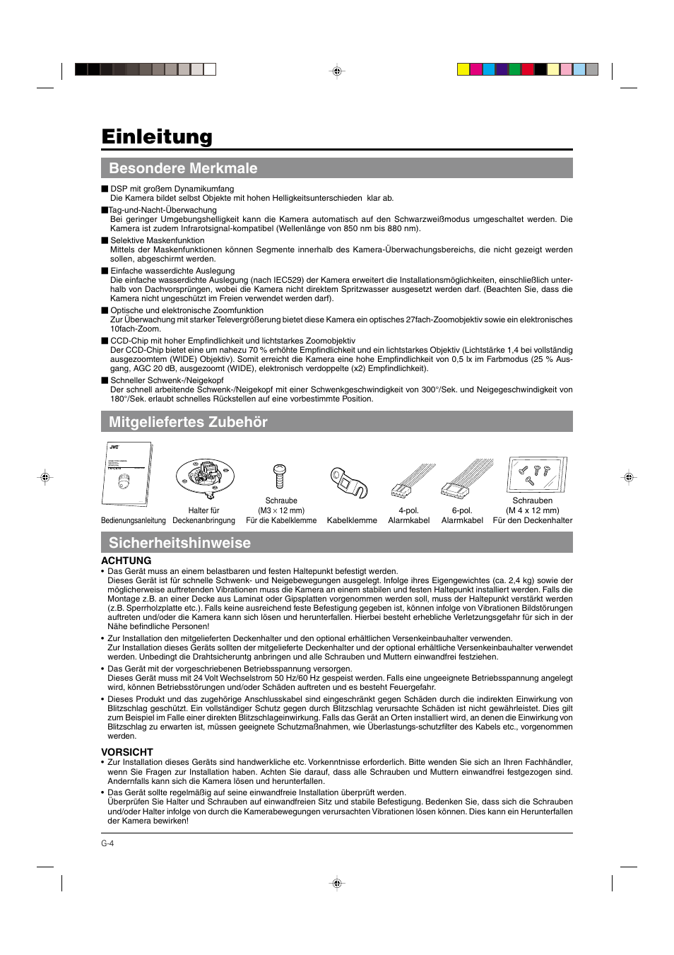 Einleitung, Besondere merkmale, Mitgeliefertes zubehör | Sicherheitshinweise, Mitgeliefertes zubehör besondere merkmale | JVC DOME TYPE CAMERA TK-C676 User Manual | Page 47 / 216