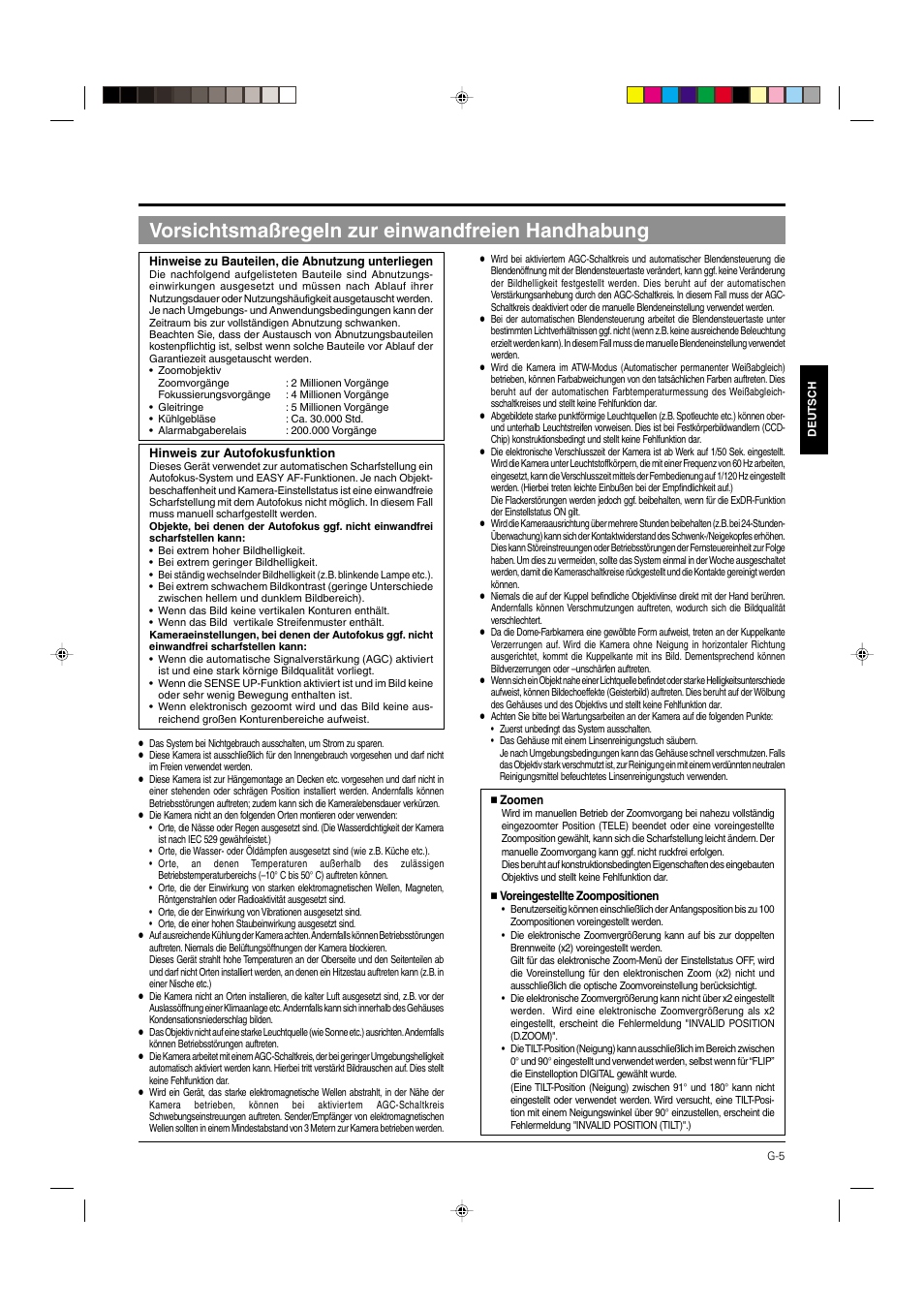 Vorsichtsmaßregeln zur einwandfreien handhabung | JVC DOME TYPE CAMERA TK-C676 User Manual | Page 48 / 216