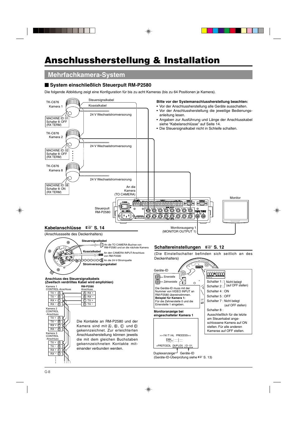 Anschlussherstellung und installation, Mehrfachkamera-system, Anschlussherstellung & installation | System einschließlich steuerpult rm-p2580, Kabelanschlüsse, S. 14, Schaltereinstellungen, S. 12 | JVC DOME TYPE CAMERA TK-C676 User Manual | Page 51 / 216