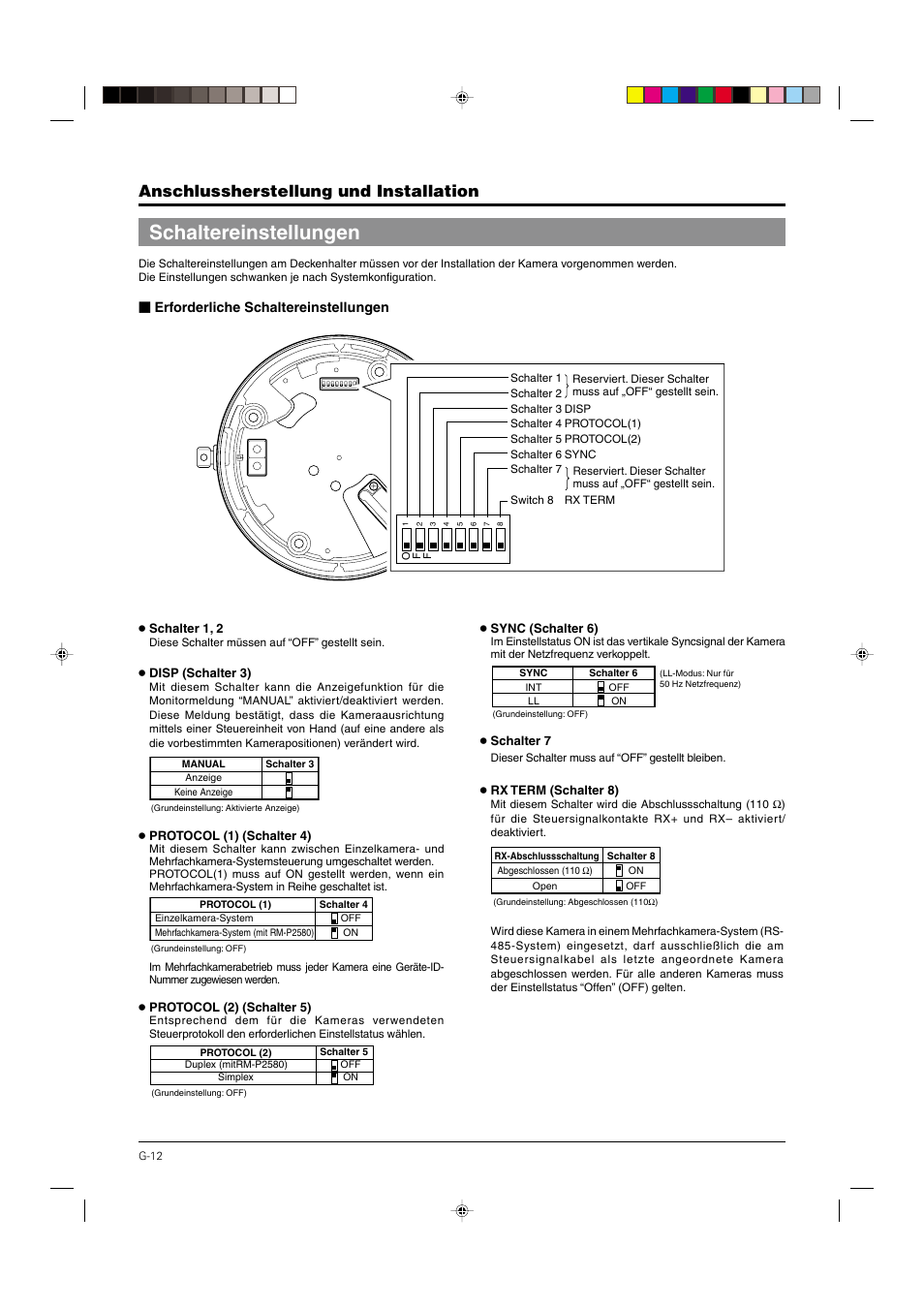 Schaltereinstellungen, S. 12, Anschlussherstellung und installation | Erforderliche schaltereinstellungen | JVC DOME TYPE CAMERA TK-C676 User Manual | Page 55 / 216