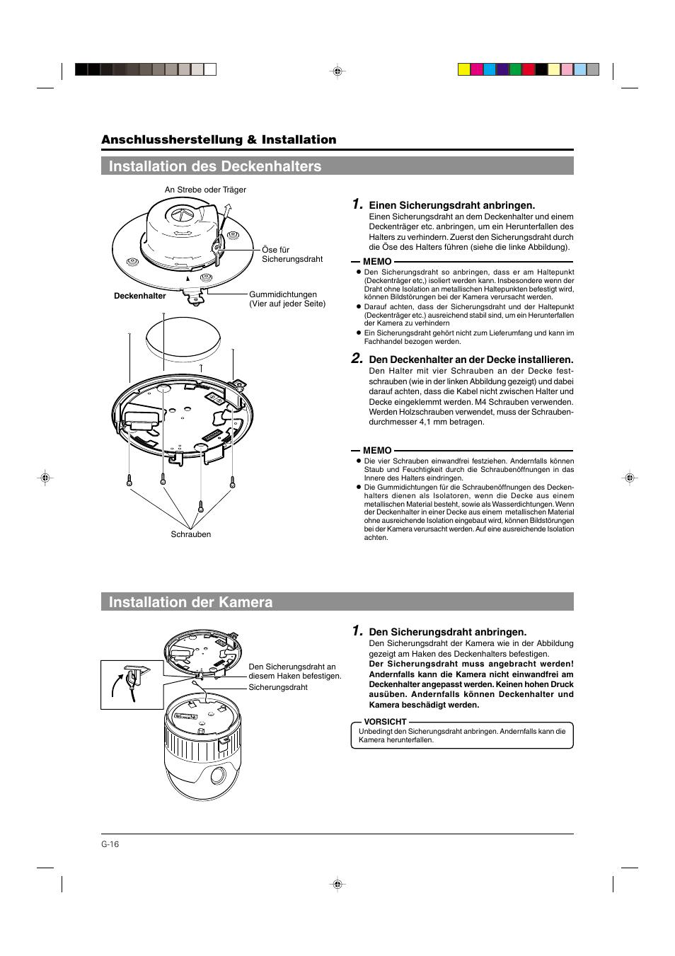 Installation des halters zur deckenanbringung, Installation der kamera, Installation des deckenhalters | Anschlussherstellung & installation | JVC DOME TYPE CAMERA TK-C676 User Manual | Page 59 / 216