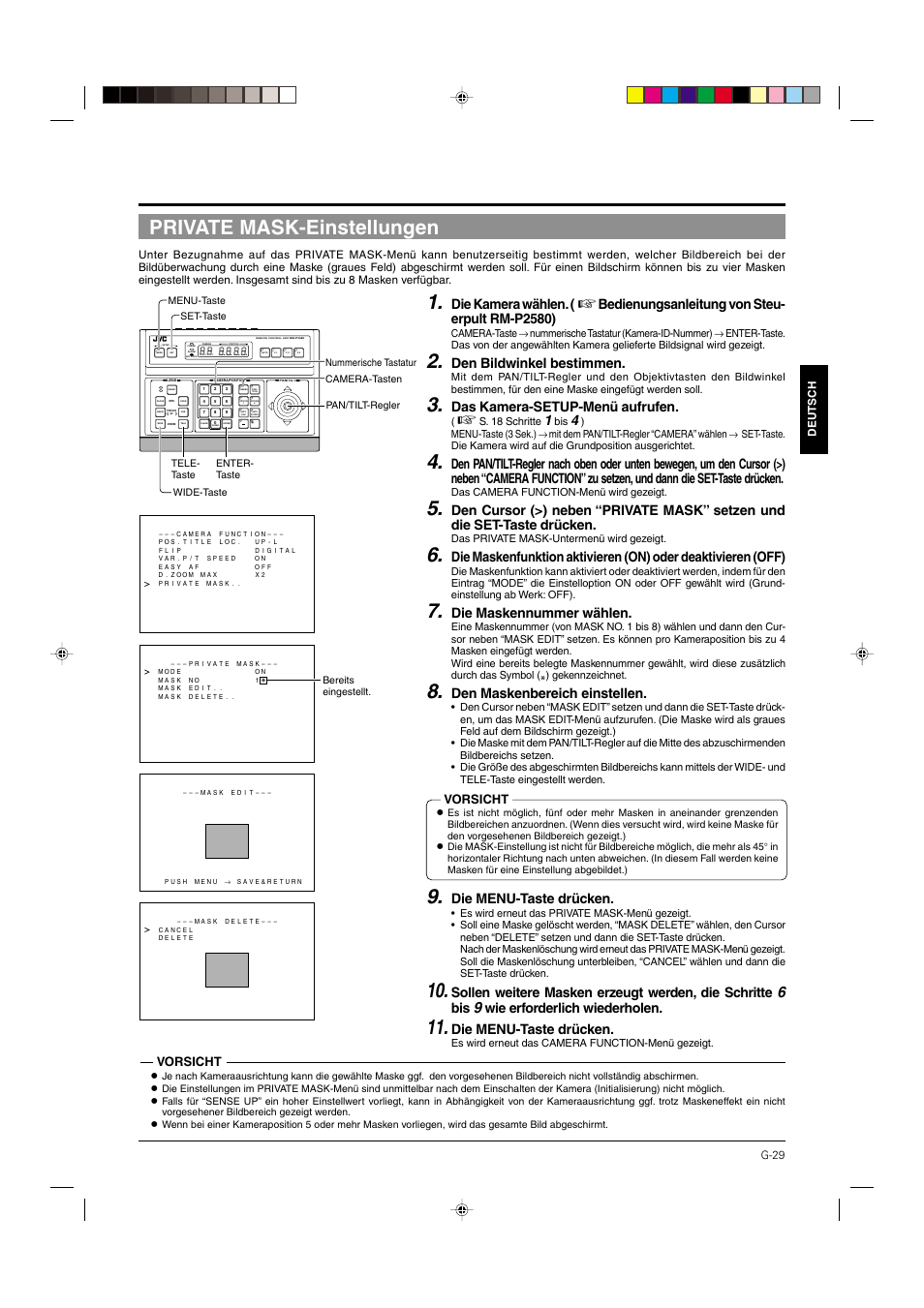 Private mask-einstellungen, S.29, Die kamera wählen | Bedienungsanleitung von steu- erpult rm-p2580), Den bildwinkel bestimmen, Das kamera-setup-menü aufrufen, Die maskennummer wählen, Den maskenbereich einstellen, Die menu-taste drücken, Sollen weitere masken erzeugt werden, die schritte | JVC DOME TYPE CAMERA TK-C676 User Manual | Page 72 / 216