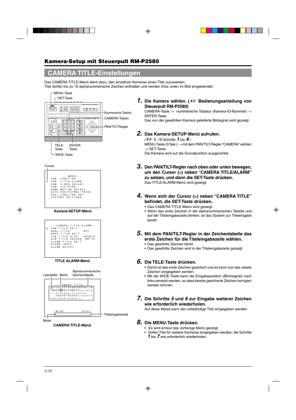 Camera title-einstellungen, S. 30, Kamera-setup mit steuerpult rm-p2580 | Die kamera wählen, Bedienungsanleitung von steuerpult rm-p2580), Das kamera-setup-menü aufrufen, Die tele-taste drücken, Die schritte, Die menu-taste drücken | JVC DOME TYPE CAMERA TK-C676 User Manual | Page 73 / 216