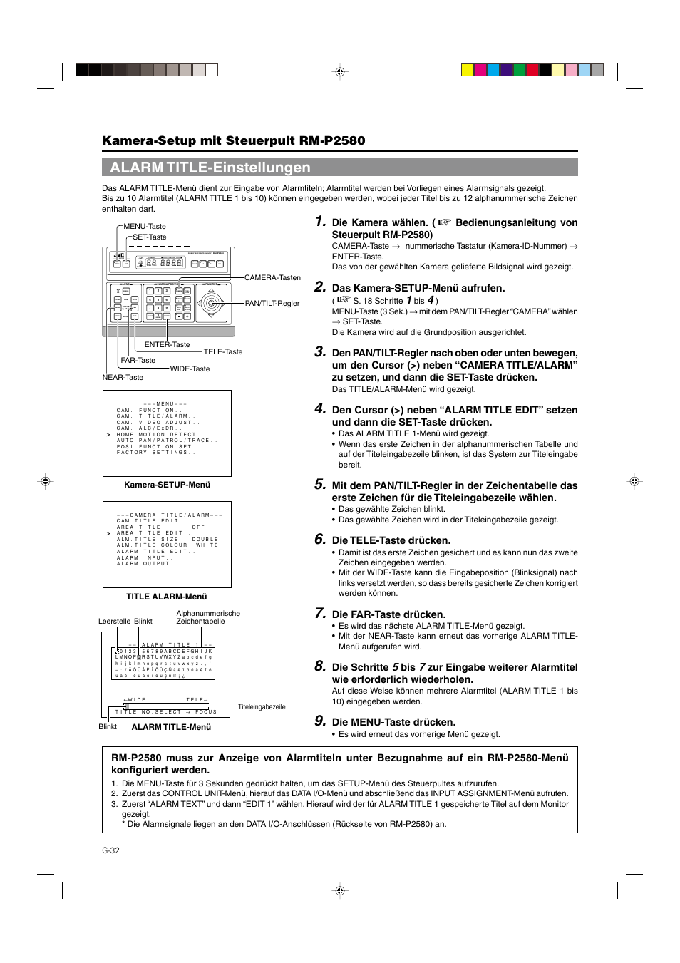 Alarm title-einstellungen, S. 32, Kamera-setup mit steuerpult rm-p2580 | Die kamera wählen, Bedienungsanleitung von steuerpult rm-p2580), Das kamera-setup-menü aufrufen, Die tele-taste drücken, Die far-taste drücken, Die schritte, Die menu-taste drücken | JVC DOME TYPE CAMERA TK-C676 User Manual | Page 75 / 216