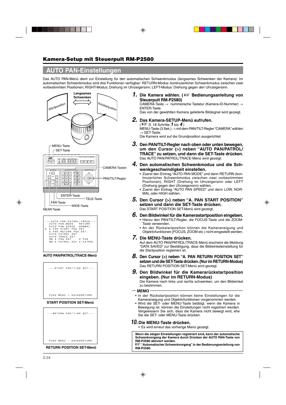 Auto pan-einstellungen, S. 34, Kamera-setup mit steuerpult rm-p2580 | Die kamera wählen, Bedienungsanleitung von steuerpult rm-p2580), Das kamera-setup-menü aufrufen, Die menu-taste drücken | JVC DOME TYPE CAMERA TK-C676 User Manual | Page 77 / 216