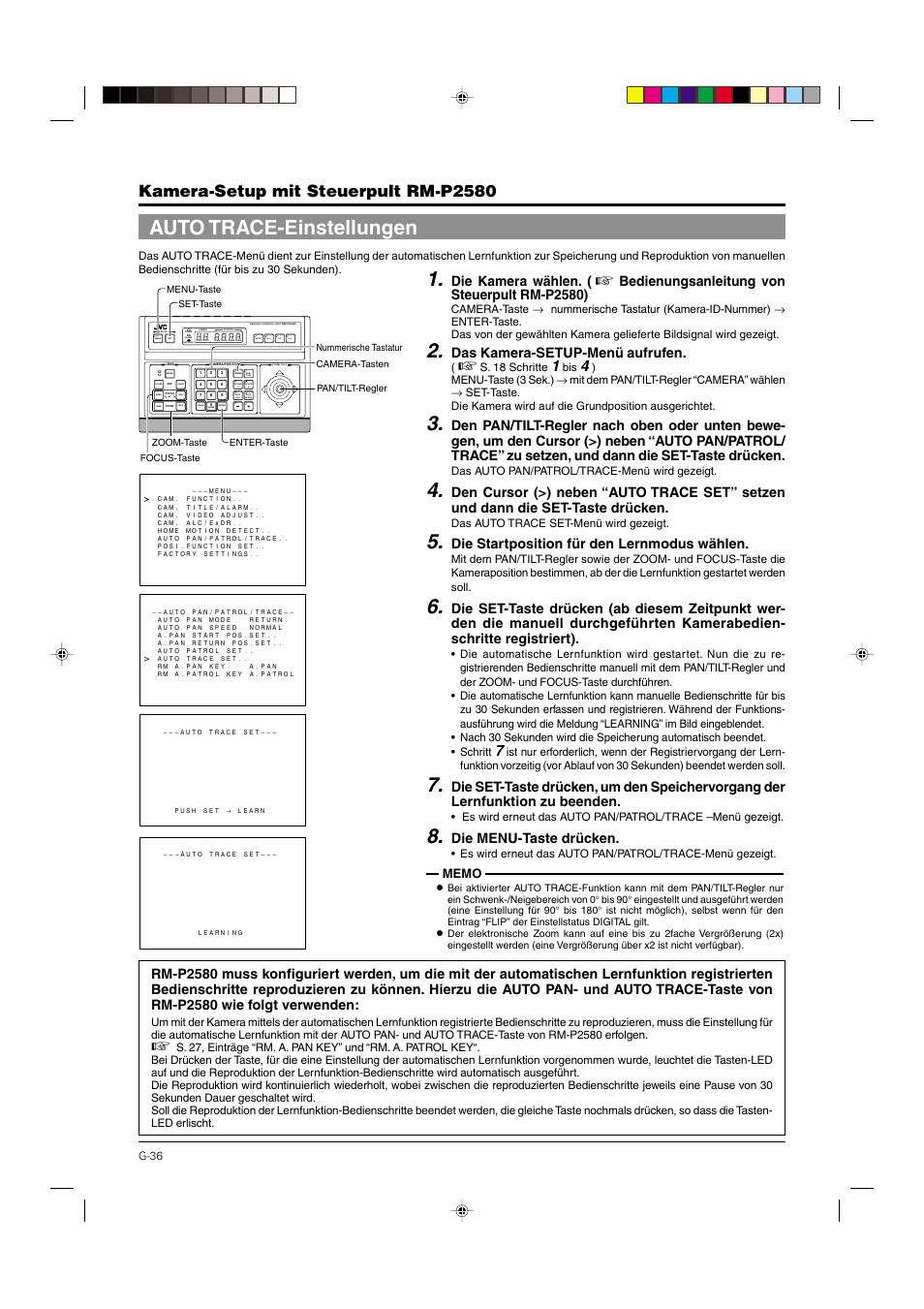 Auto trace-einstellungen, S. 36, Kamera-setup mit steuerpult rm-p2580 | Die kamera wählen, Bedienungsanleitung von steuerpult rm-p2580), Das kamera-setup-menü aufrufen, Die startposition für den lernmodus wählen, Die menu-taste drücken | JVC DOME TYPE CAMERA TK-C676 User Manual | Page 79 / 216