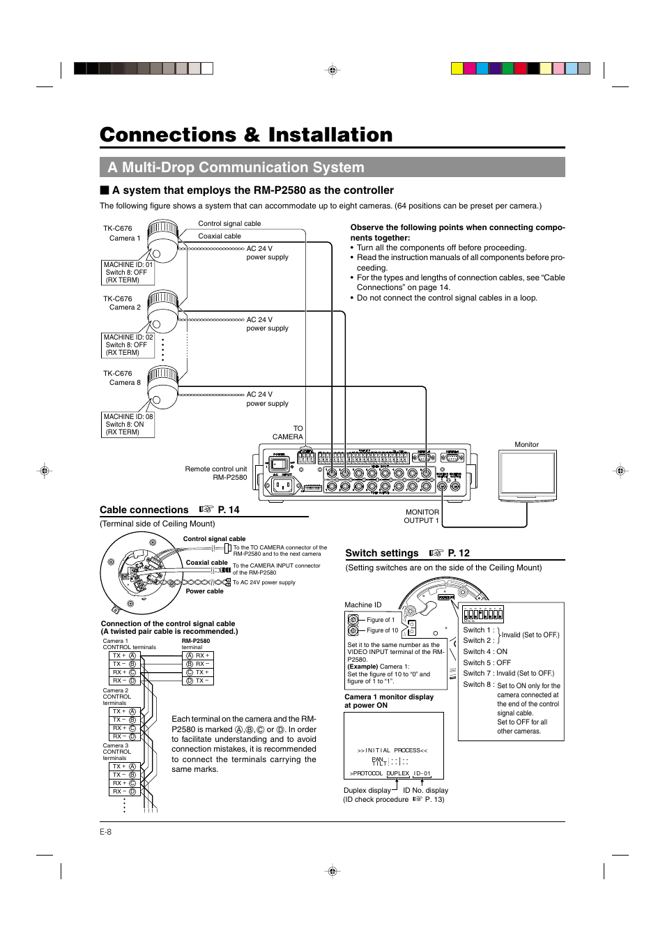 Connections & installation, A multi-drop communication system, Cable connections | P. 14, Switch settings, P. 12 | JVC DOME TYPE CAMERA TK-C676 User Manual | Page 8 / 216