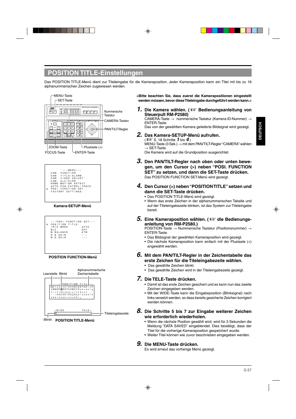 Position title-einstellungen, S. 37, Die kamera wählen | Bedienungsanleitung von steuerpult rm-p2580), Das kamera-setup-menü aufrufen, Eine kameraposition wählen, Die bedienungs- anleitung von rm-p2580.), Die tele-taste drücken, Die menu-taste drücken | JVC DOME TYPE CAMERA TK-C676 User Manual | Page 80 / 216