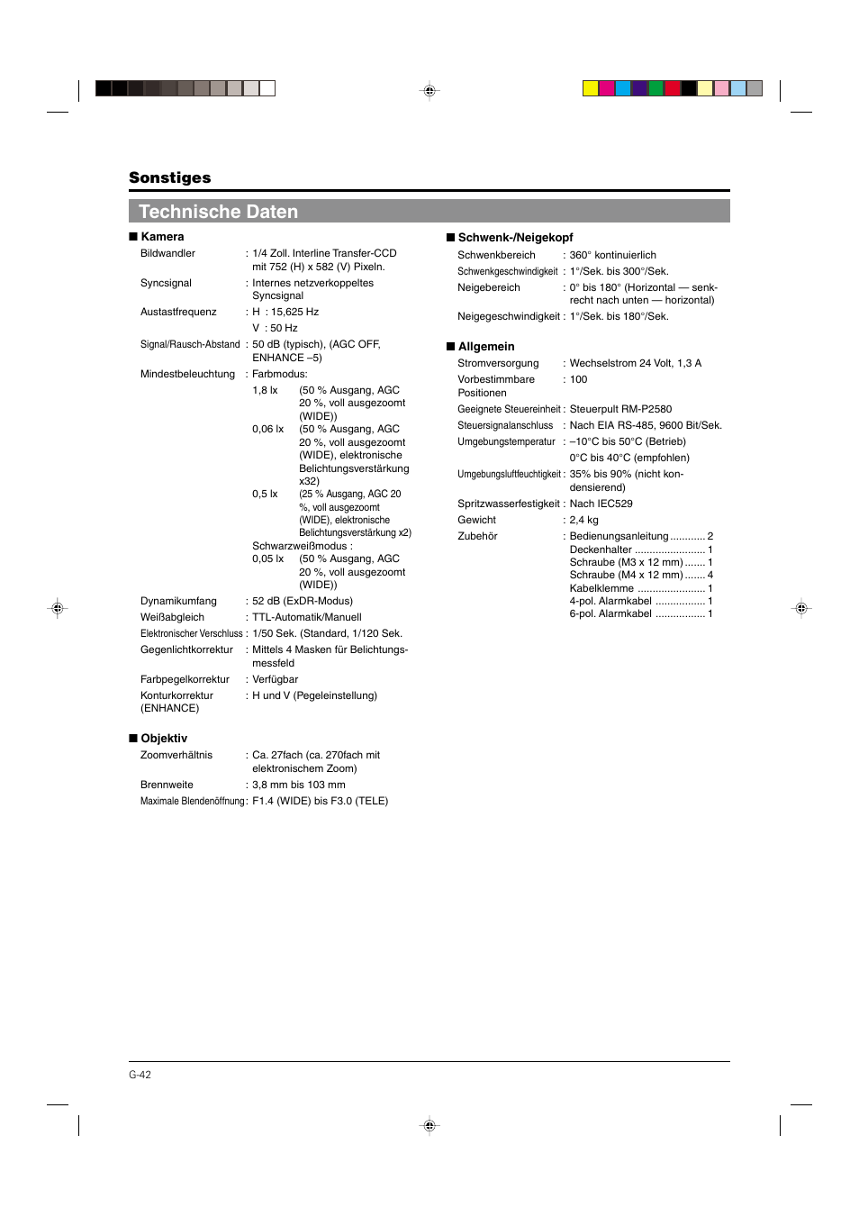 Technische daten, Sonstiges | JVC DOME TYPE CAMERA TK-C676 User Manual | Page 85 / 216