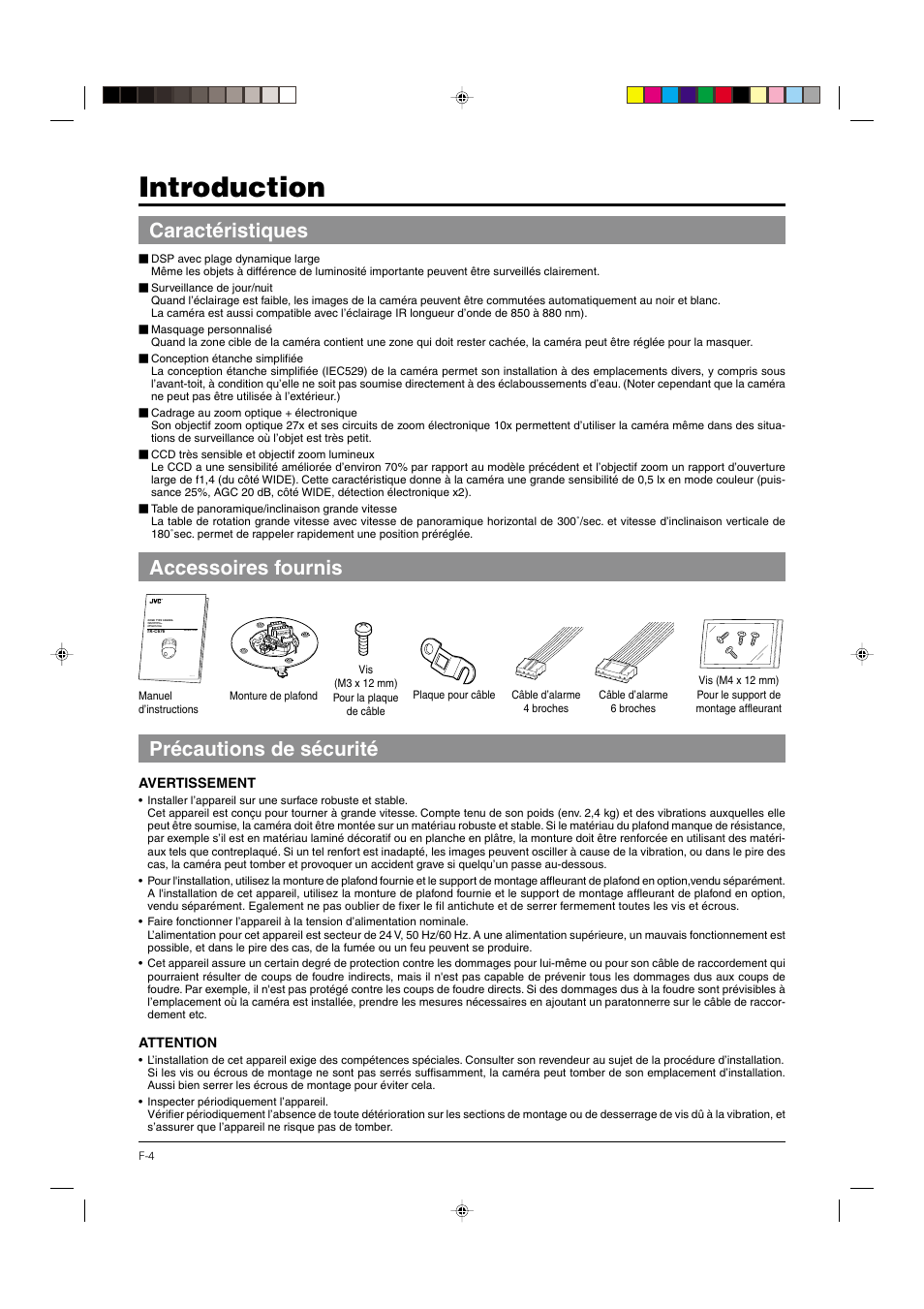 Introduction, Caractéristiques, Accessoires fournis | Précautions de sécurité, Accessoires fournis caractéristiques | JVC DOME TYPE CAMERA TK-C676 User Manual | Page 90 / 216