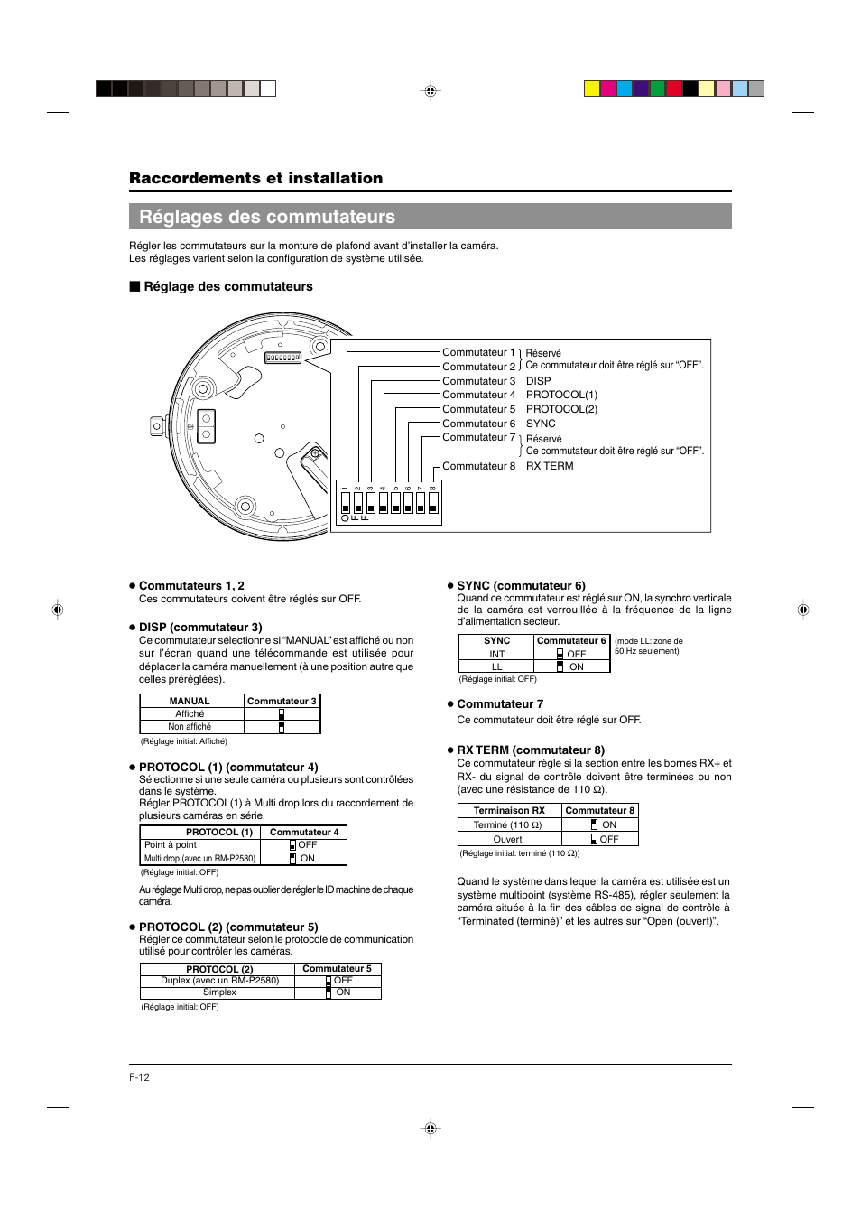 Réglages des commutateurs, P. 12, Raccordements et installation | Réglage des commutateurs | JVC DOME TYPE CAMERA TK-C676 User Manual | Page 98 / 216