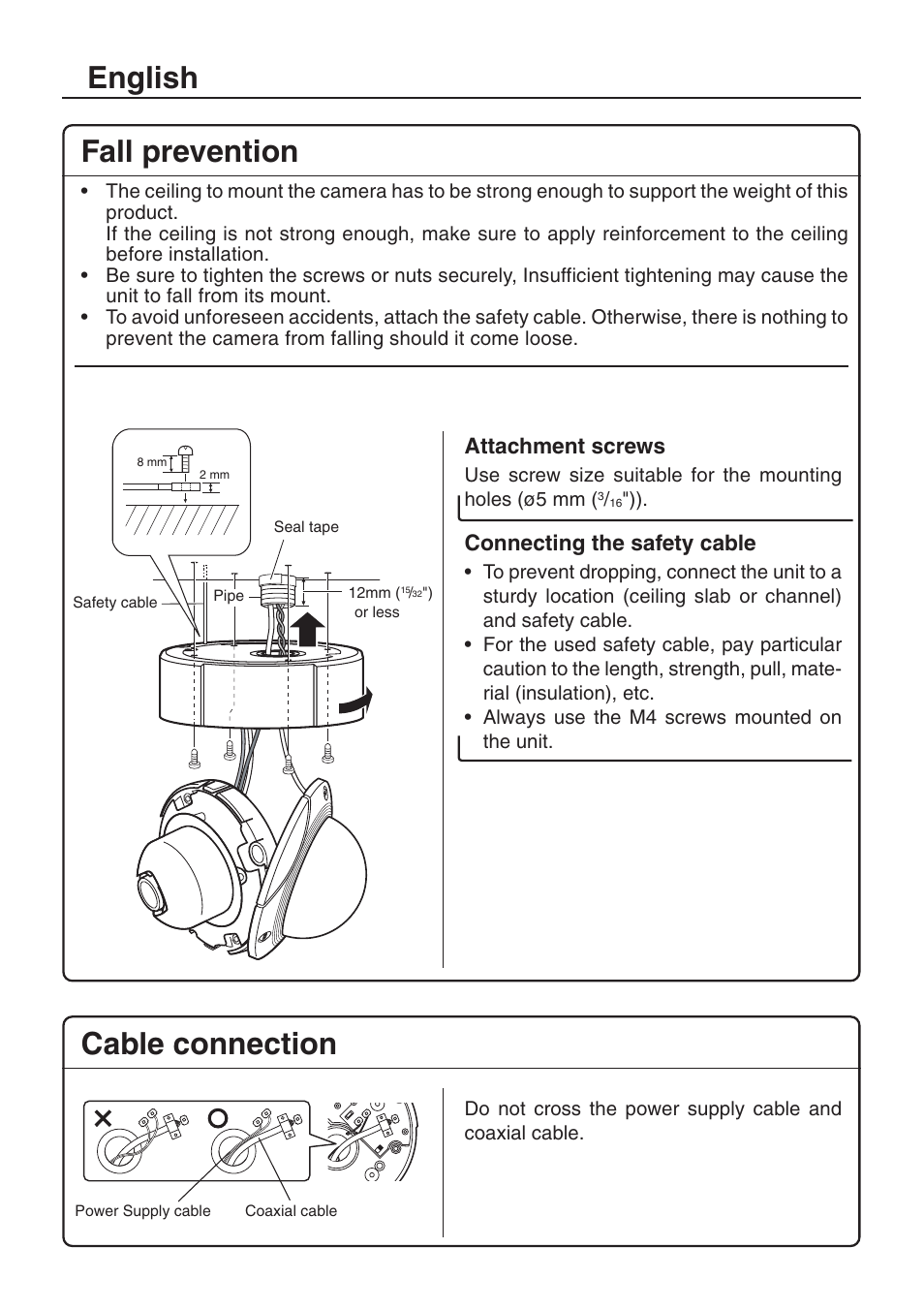 English fall prevention, Cable connection, Attachment screws | Connecting the safety cable | JVC TK-C205VP User Manual | Page 2 / 8