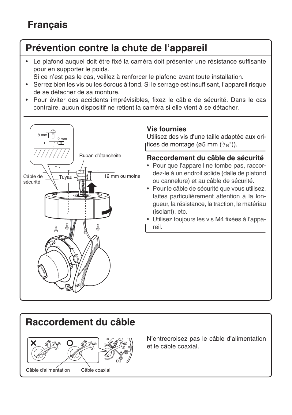 Français prévention contre la chute de l’appareil, Raccordement du câble | JVC TK-C205VP User Manual | Page 4 / 8