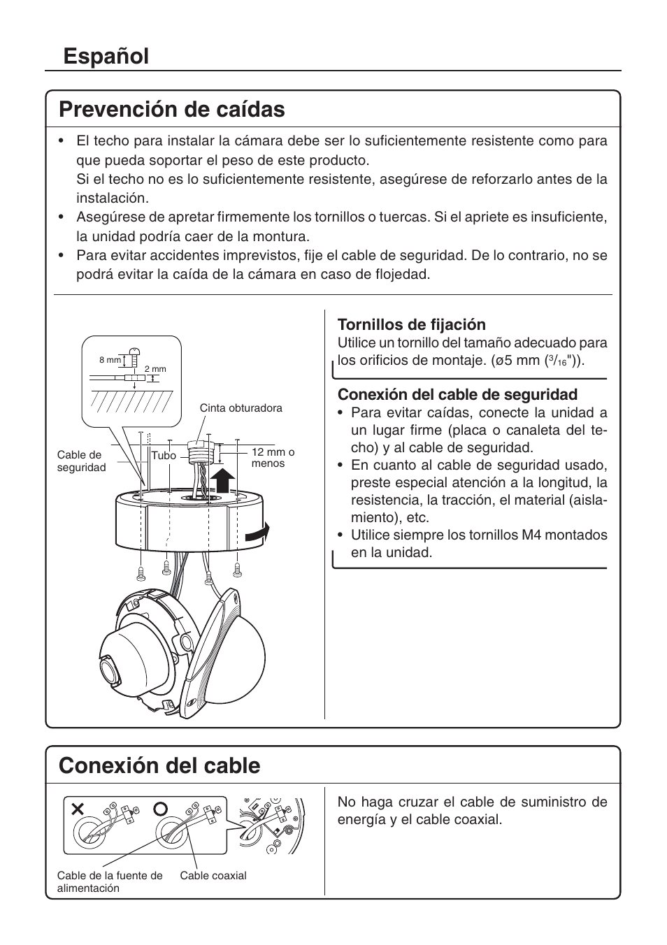 Español prevención de caídas, Conexión del cable | JVC TK-C205VP User Manual | Page 6 / 8