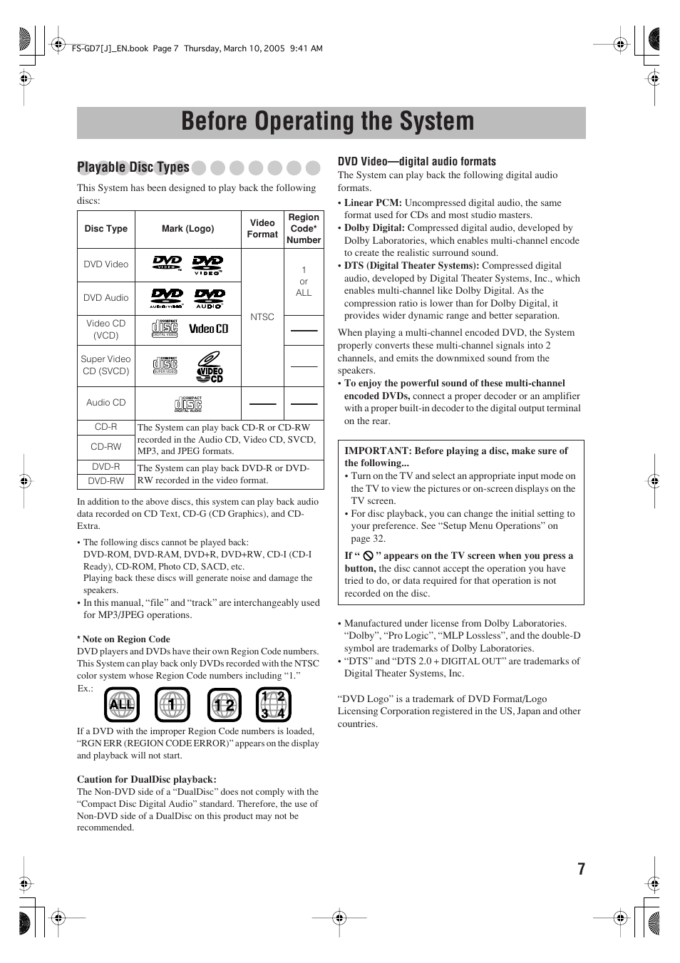 Before operating the system, Playable disc types | JVC CA-FSGD7 User Manual | Page 11 / 51