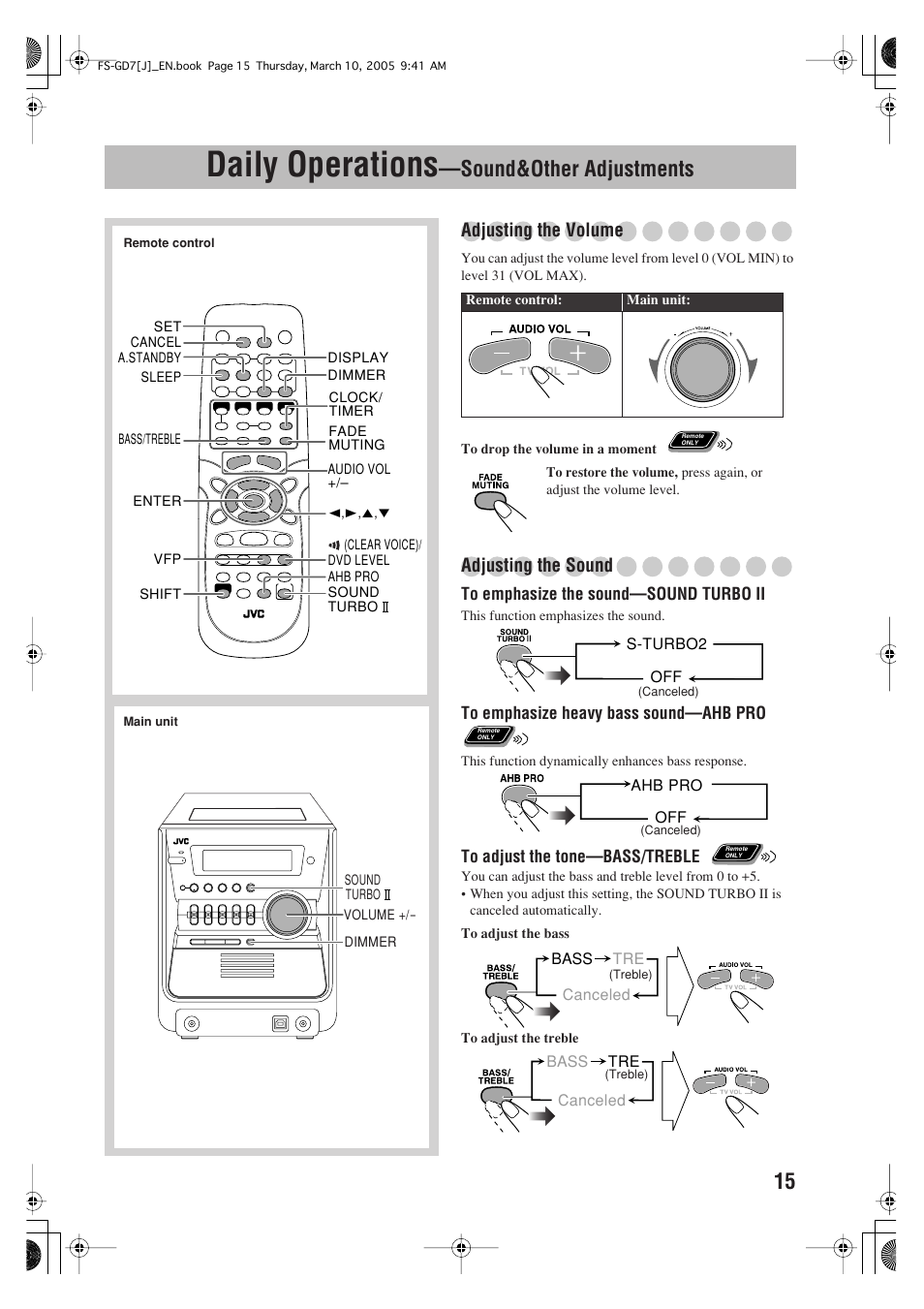 Daily operations, Sound&other adjustments, Adjusting the volume | Adjusting the sound | JVC CA-FSGD7 User Manual | Page 19 / 51