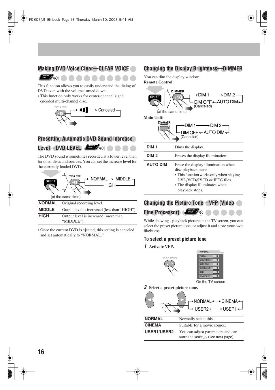 Making dvd voice clear—clear voice, Changing the display brightness—dimmer | JVC CA-FSGD7 User Manual | Page 20 / 51
