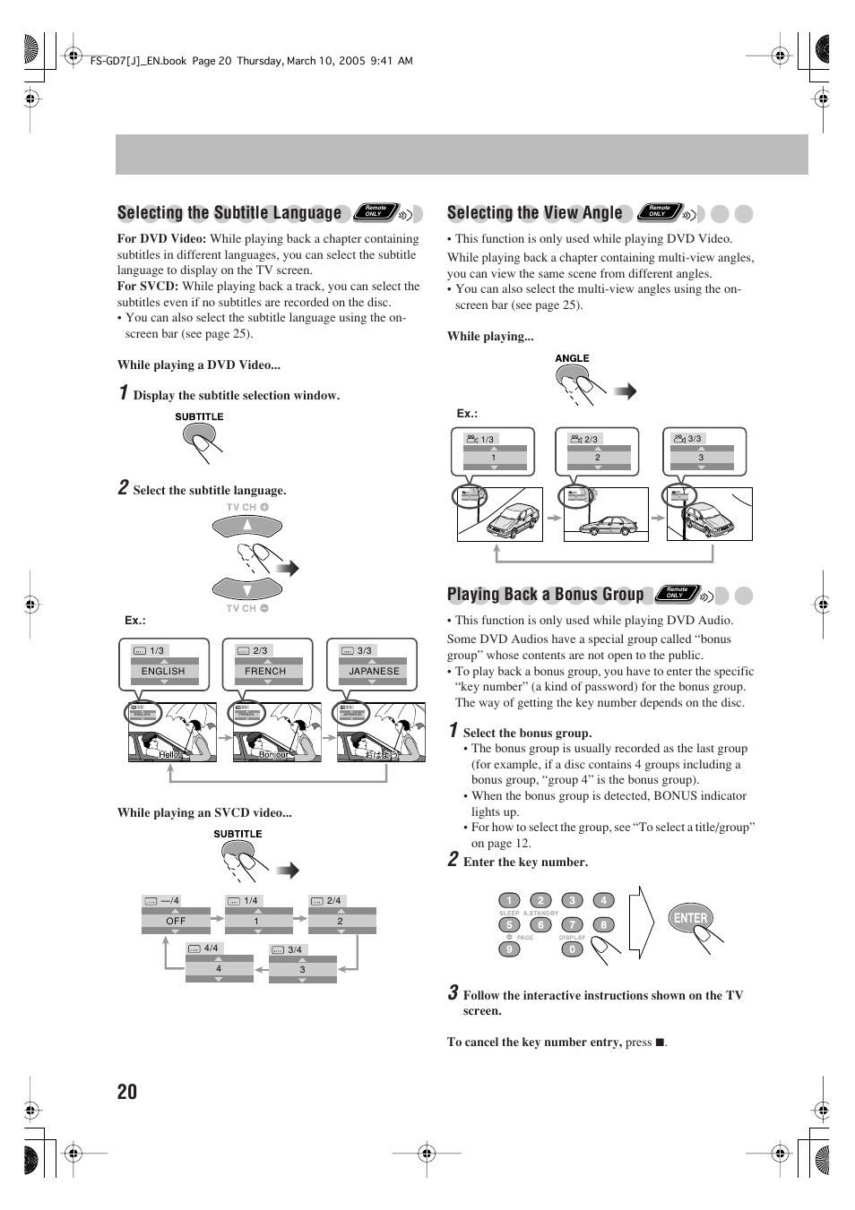 Selecting the subtitle language, Selecting the view angle, Playing back a bonus group | JVC CA-FSGD7 User Manual | Page 24 / 51