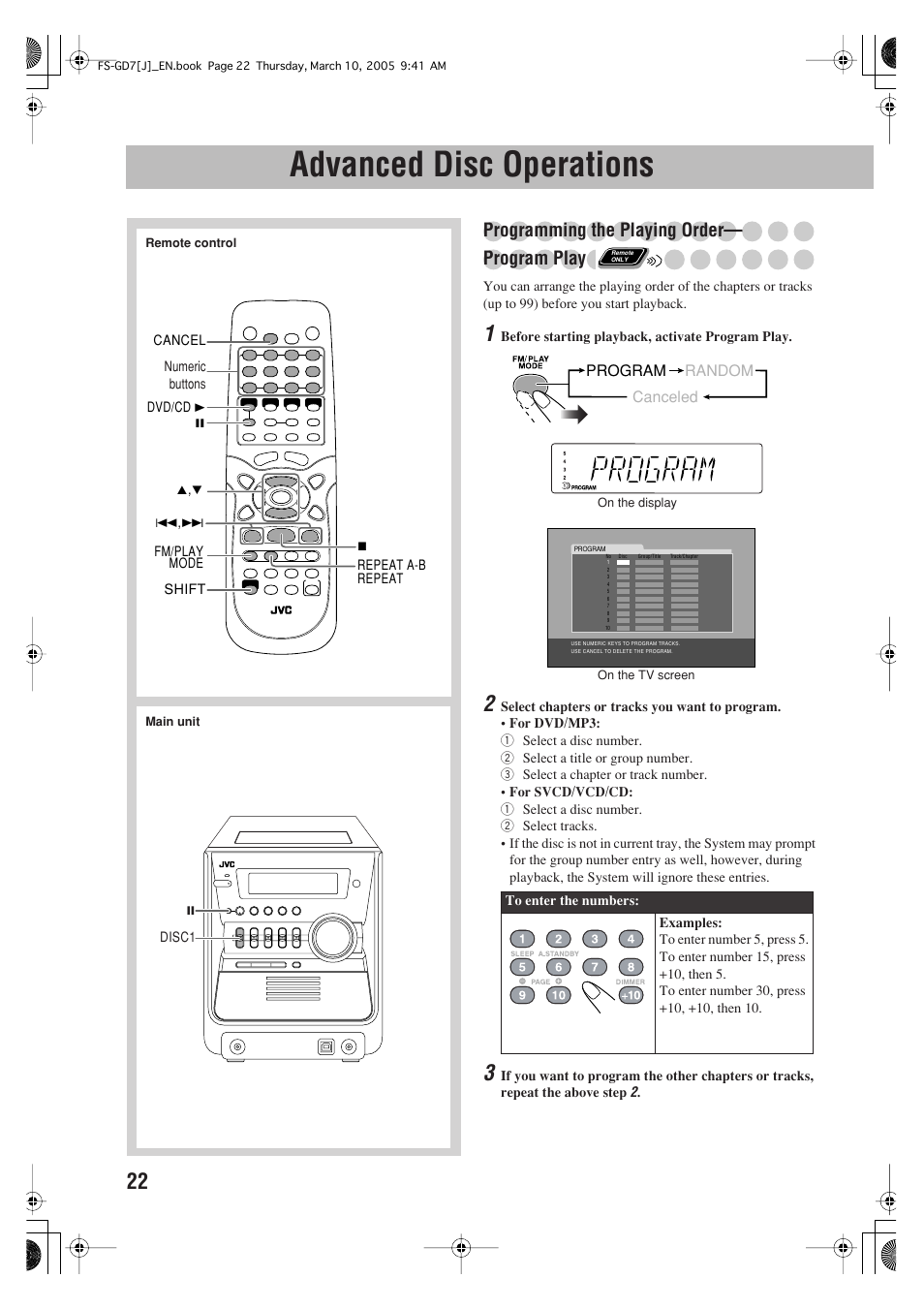 Advanced disc operations, Programming the playing order— program play | JVC CA-FSGD7 User Manual | Page 26 / 51