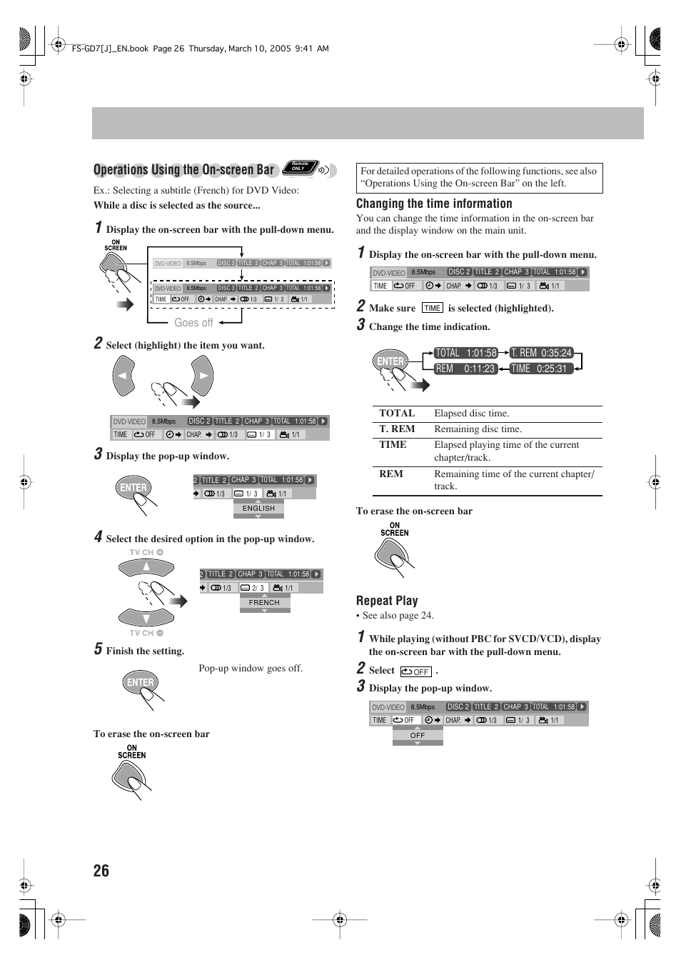 Operations using the on-screen bar, Changing the time information, Repeat play | Goes off | JVC CA-FSGD7 User Manual | Page 30 / 51