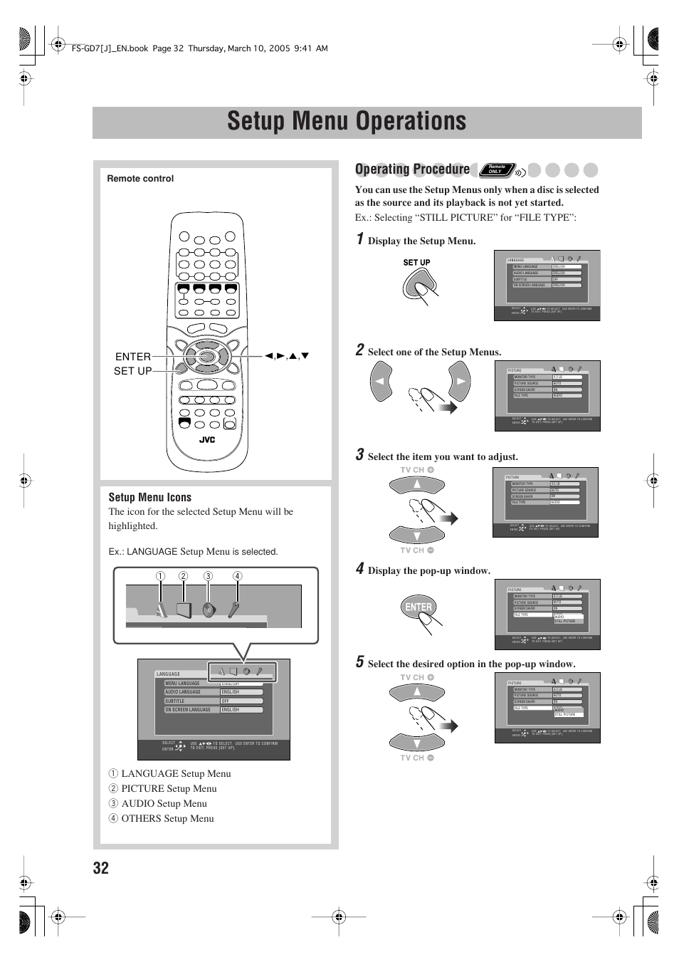 Setup menu operations, Operating procedure, Setup menu icons | Display the setup menu, Select one of the setup menus, Select the item you want to adjust, Display the pop-up window, Setup menu | JVC CA-FSGD7 User Manual | Page 36 / 51