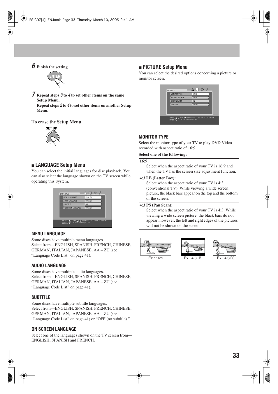 Language setup menu, Picture setup menu | JVC CA-FSGD7 User Manual | Page 37 / 51