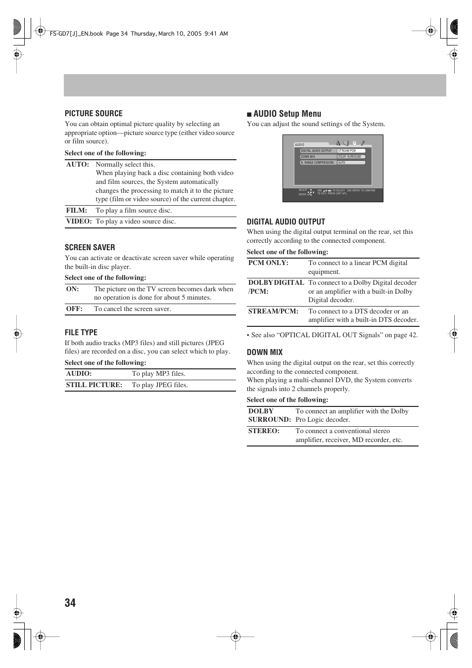 Audio setup menu | JVC CA-FSGD7 User Manual | Page 38 / 51