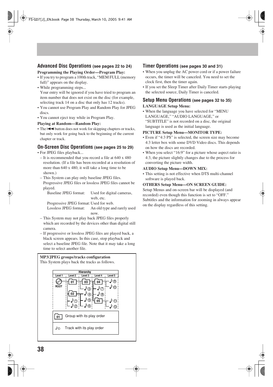 Advanced disc operations, On-screen disc operations, Timer operations | Setup menu operations | JVC CA-FSGD7 User Manual | Page 42 / 51