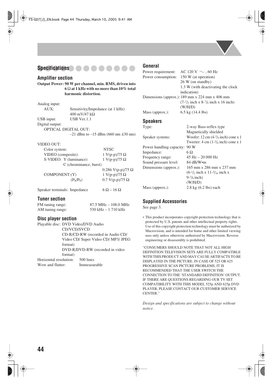 Specifications, General, Speakers | Supplied accessories | JVC CA-FSGD7 User Manual | Page 48 / 51