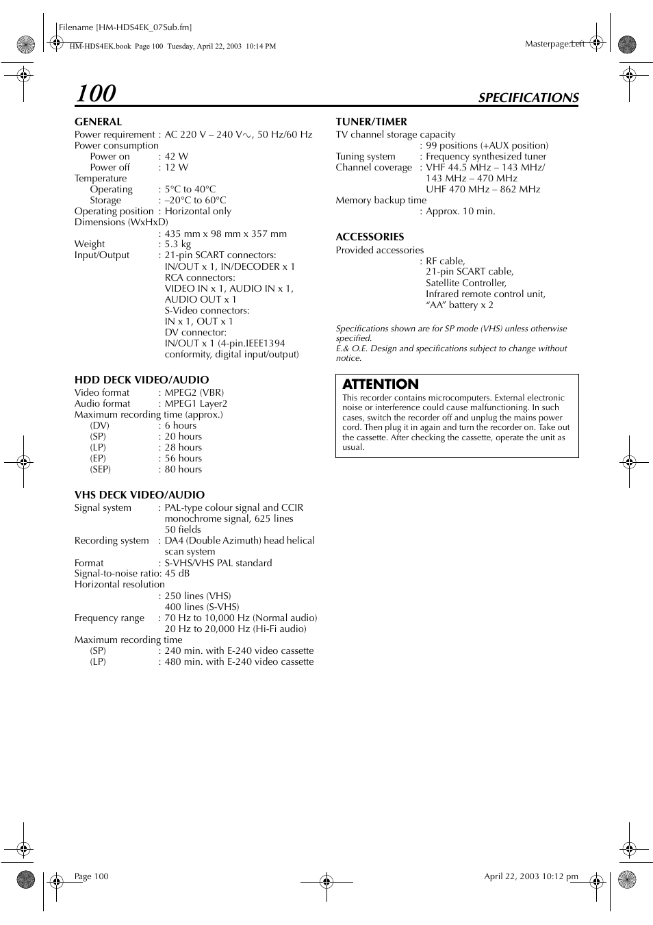 Specifications, Attention | JVC HM-HDS4EK User Manual | Page 100 / 104