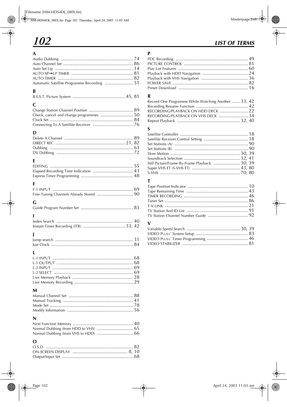 List of terms | JVC HM-HDS4EK User Manual | Page 102 / 104