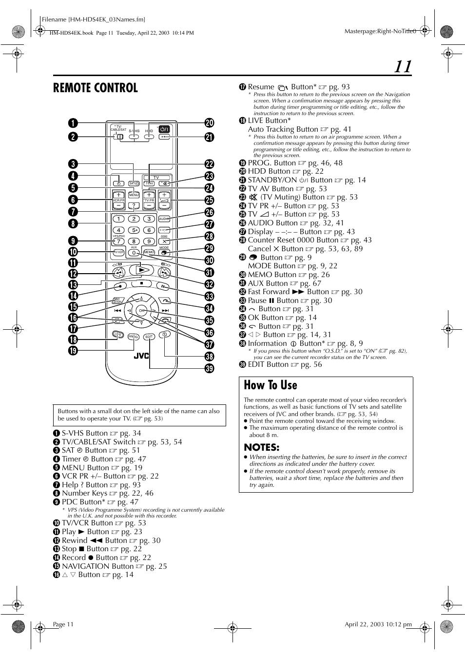 Remote control, How to use | JVC HM-HDS4EK User Manual | Page 11 / 104