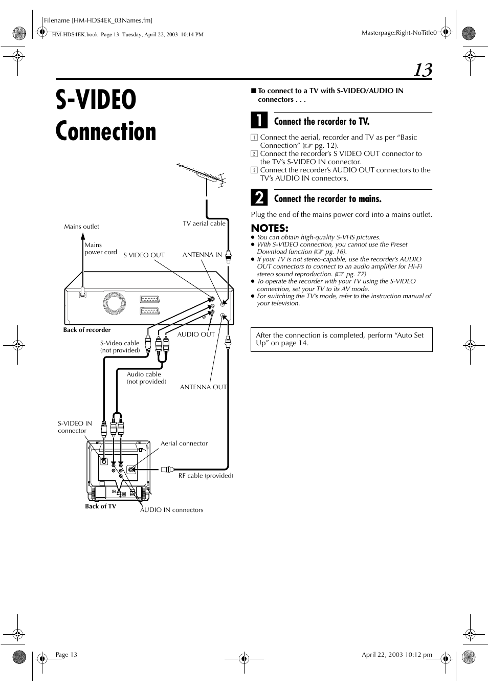 S-video connection, Connect the recorder to tv, Connect the recorder to mains | JVC HM-HDS4EK User Manual | Page 13 / 104