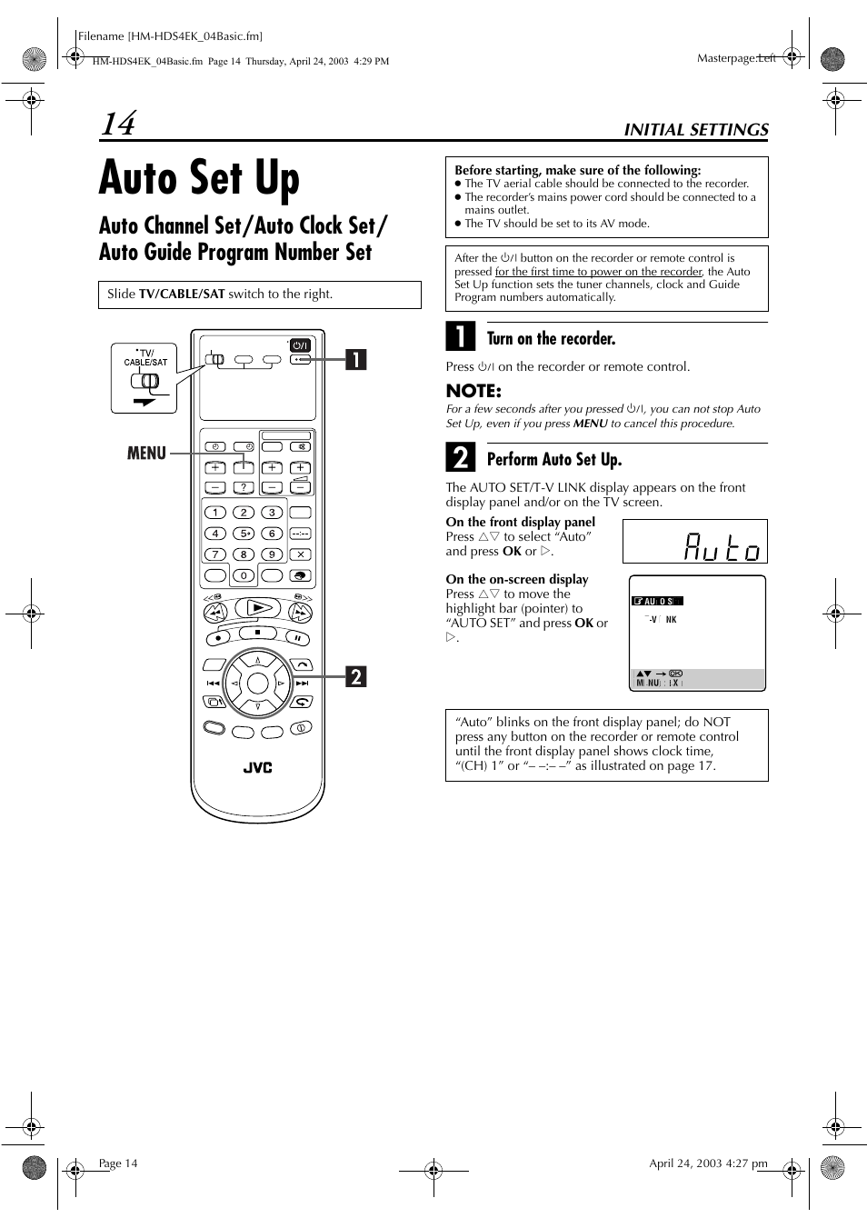 Auto set up | JVC HM-HDS4EK User Manual | Page 14 / 104