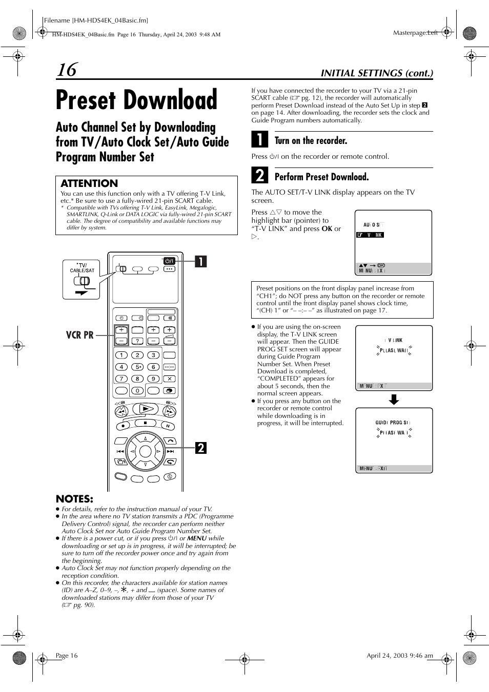 Preset download, Initial settings (cont.), Turn on the recorder | Perform preset download, Attention | JVC HM-HDS4EK User Manual | Page 16 / 104