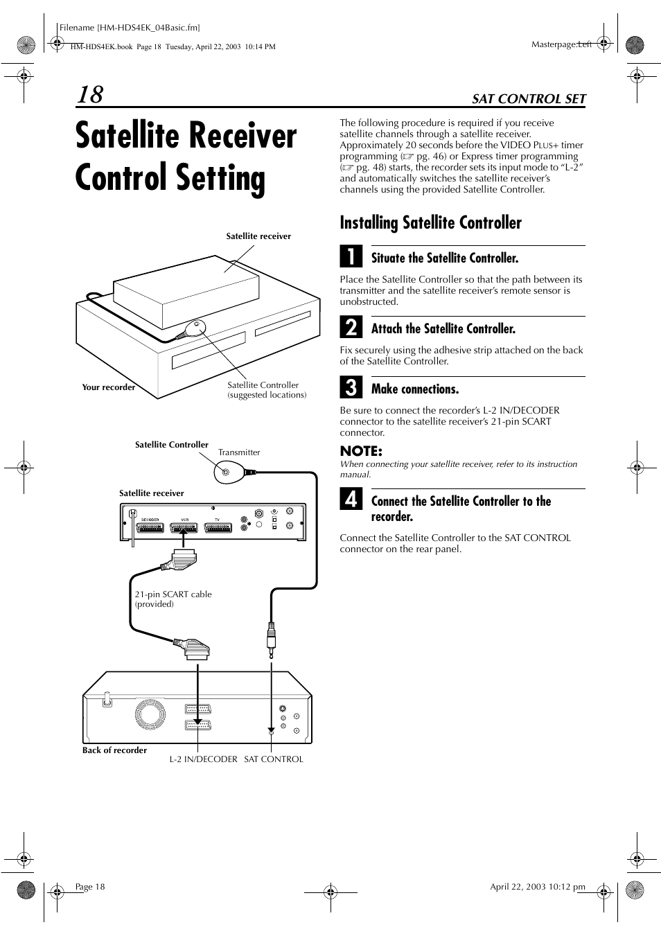 Satellite receiver control setting, Installing satellite controller | JVC HM-HDS4EK User Manual | Page 18 / 104