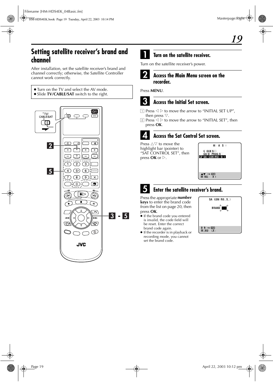 Setting satellite receiver’s brand and channel | JVC HM-HDS4EK User Manual | Page 19 / 104