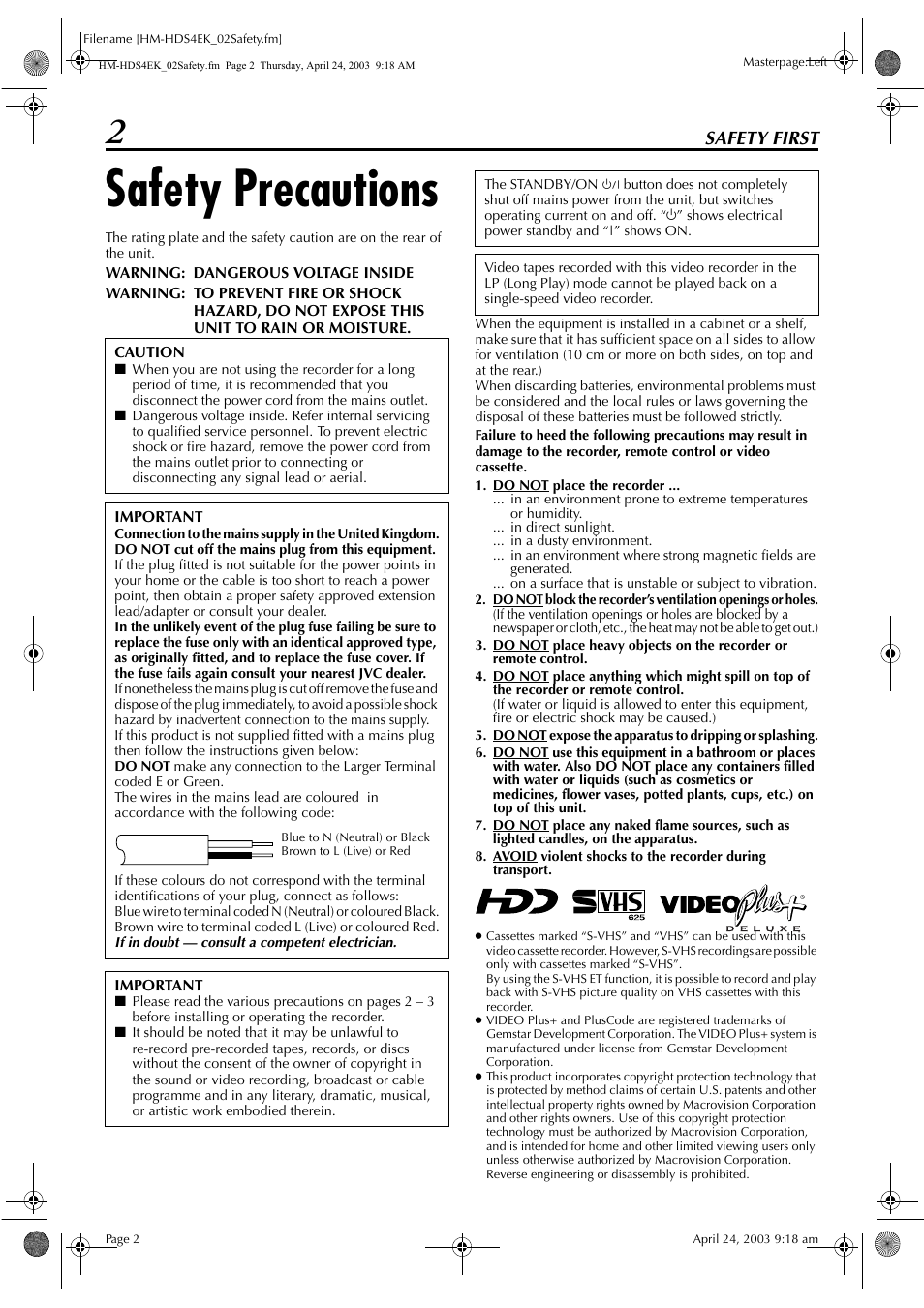 Safety precautions, Safety first | JVC HM-HDS4EK User Manual | Page 2 / 104