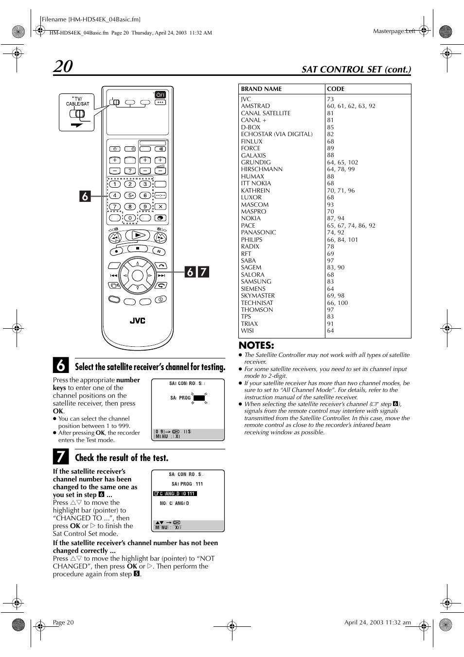 Sat control set (cont.), Check the result of the test | JVC HM-HDS4EK User Manual | Page 20 / 104