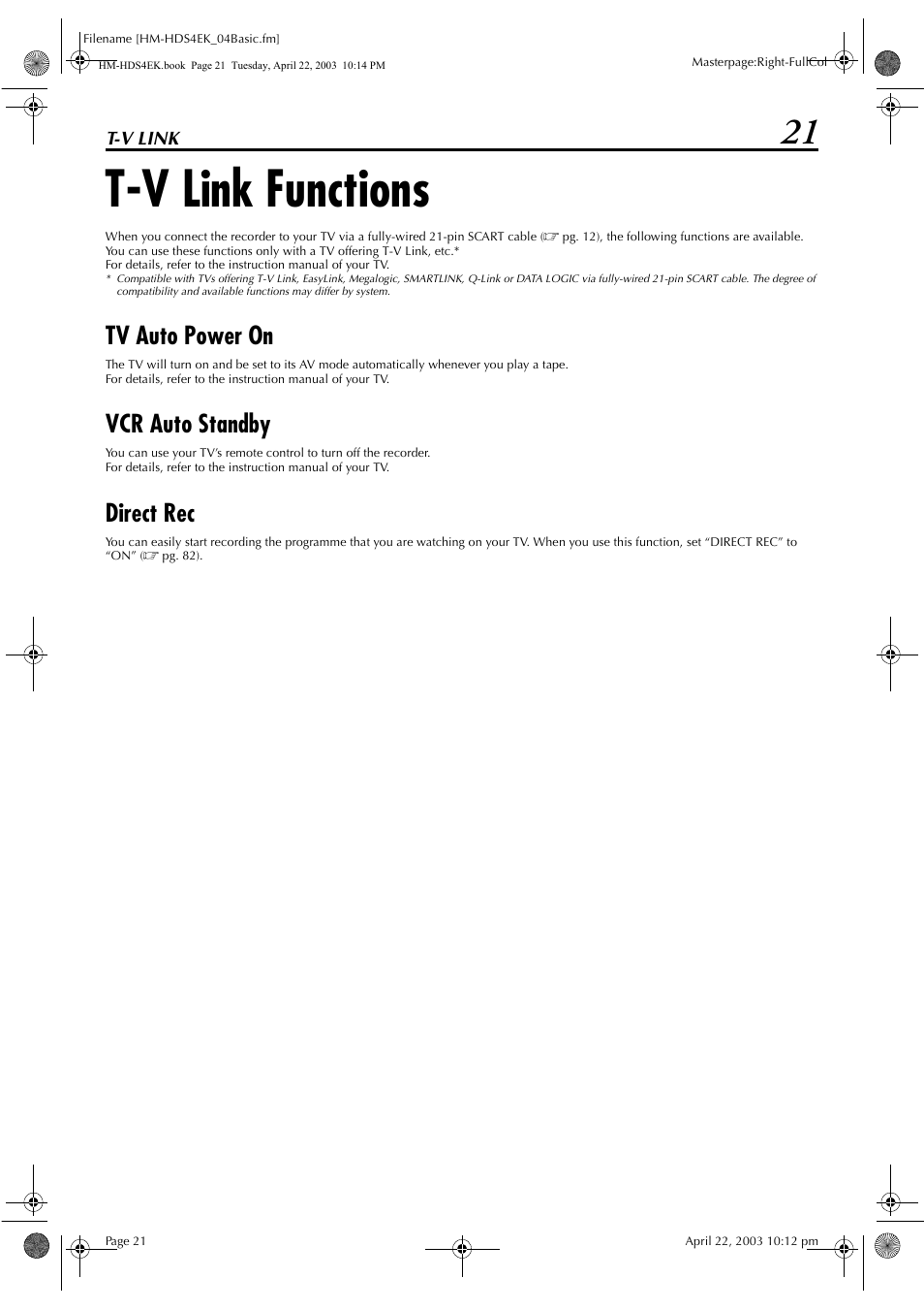 T-v link functions, Tv auto power on, Vcr auto standby | Direct rec | JVC HM-HDS4EK User Manual | Page 21 / 104